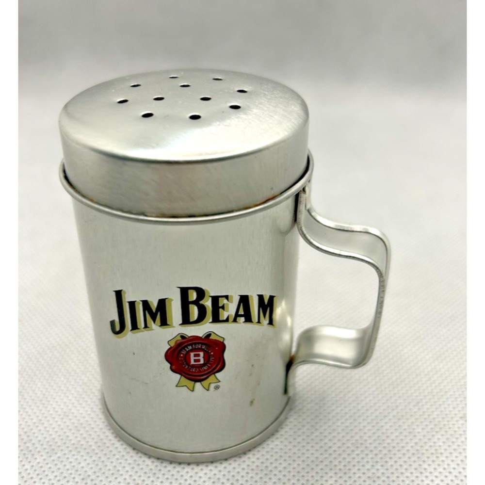 Jim Beam Tin Metal Mini‎ Salt Pepper Shaker w/ Handle 3" Seasoning Barware Gifts